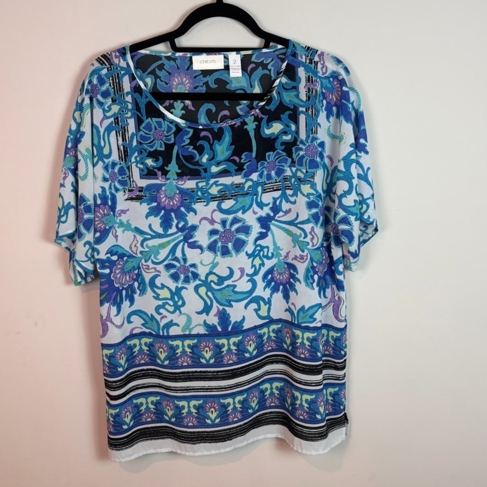Chico's Womens Blue Floral Lightweight Short Sleeve Blouse‎ sz 2/Large Summer